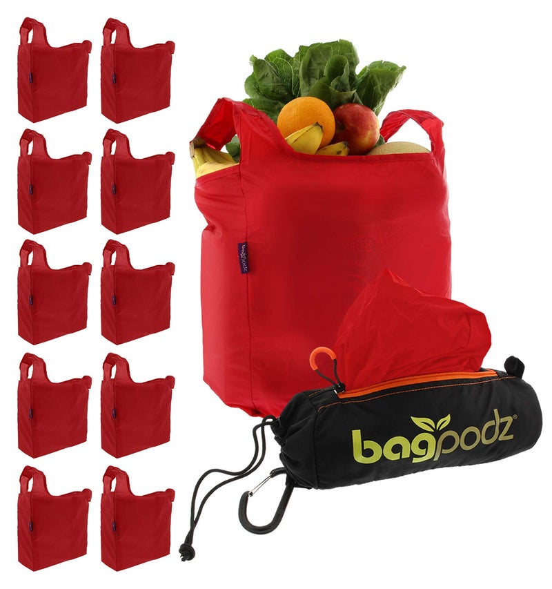 BagPodz Sturdy Reusable Grocery Bags Foldable and Washable - Made From RipStop Nylon Hold 50lbs - Designed in USA Reusable Shopping Bags Inside a Compact Pod with Carry Clip - 10 Pack in Red - Image 1